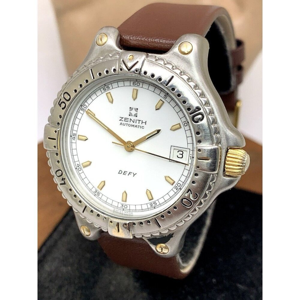 Zenith Defy Men's Watch Swiss Automatic White Dial Date Brown Leather Band 38mm